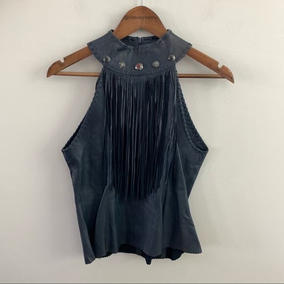 Gossamer Wings Navy Blue Vintage Leather Jacket Tank 2 Set Beaded Navajo Fringe - Picture 3 of 15